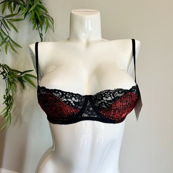 NWT Lily of France Vintage Demi Lace Bra in Hot Red Metallic & Black Lace 36C - Picture 2 of 14